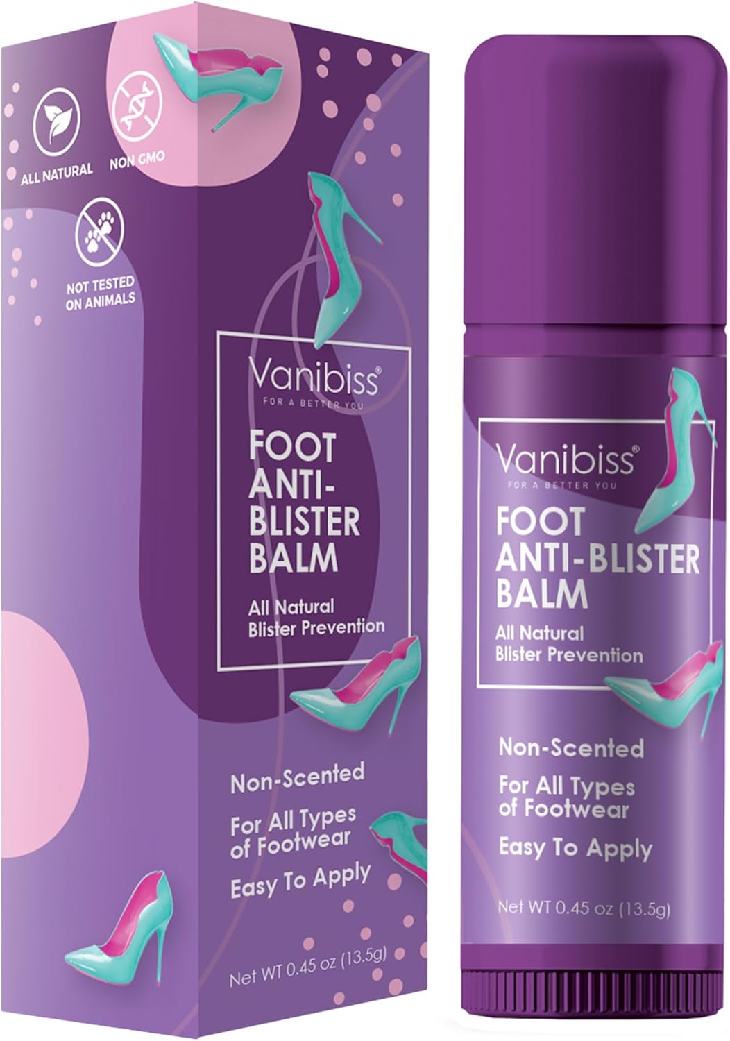 Vanibiss Foot Anti Blister Balm - Foot Blister Prevention - Anti Friction Balm Stick - Heel Blister Blocker - Prevent Shoe Strap Friction (0.45oz)