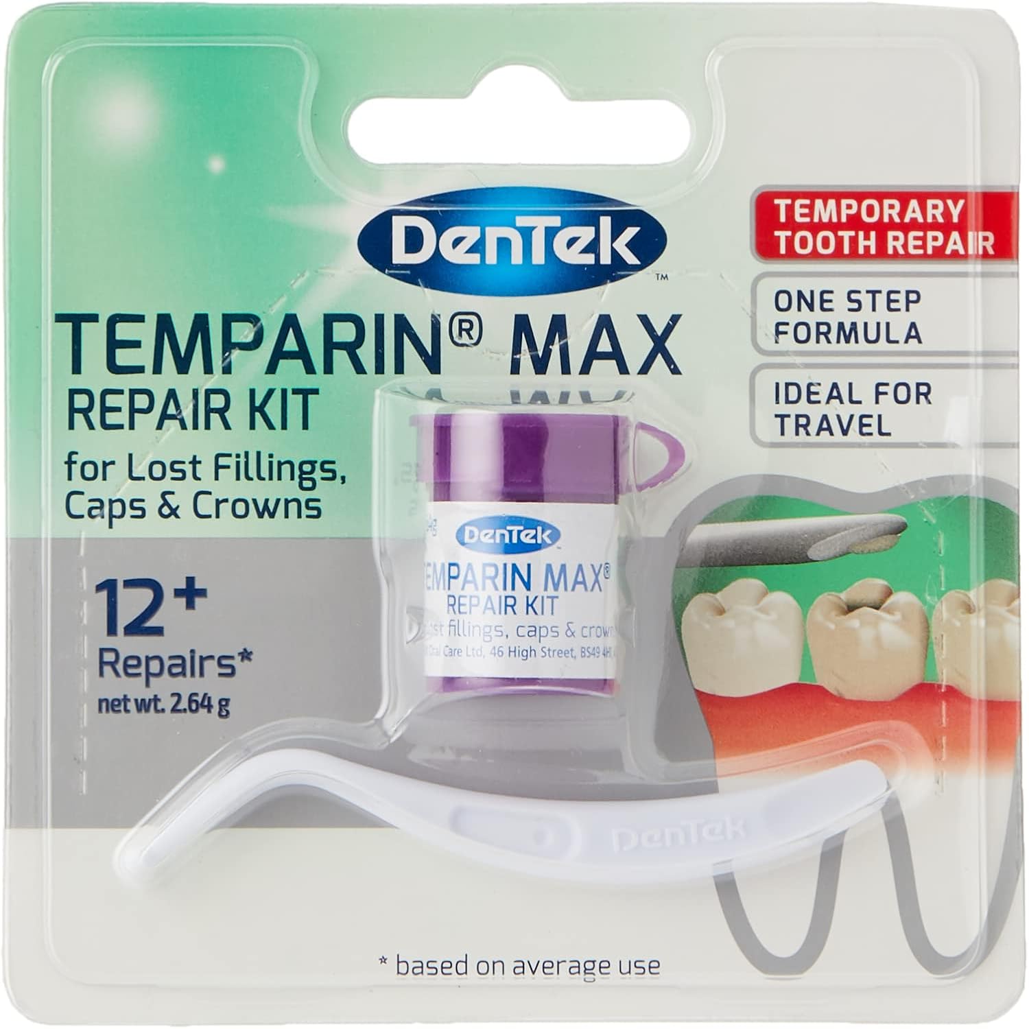 DenTek Temparin Max Home Dental Repair Kit for repairing lost fillings and loose caps, crowns or inlays - 12+/ 13+ Repairs(package may vary), silver