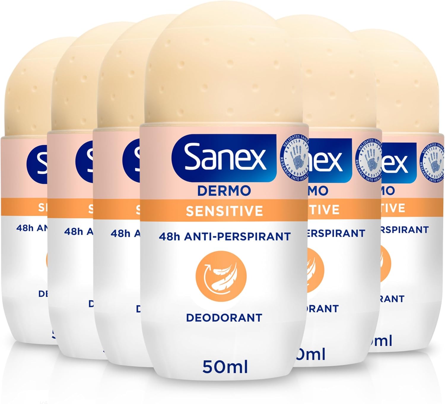 Sanex Dermo Sensitive Roll-On Antiperspirant 6x50ml - antiperspirant deodorant - 48-hour sweat & odour protection - gentle on sensitive skin - restores skin’s natural pH - dermatologically tested