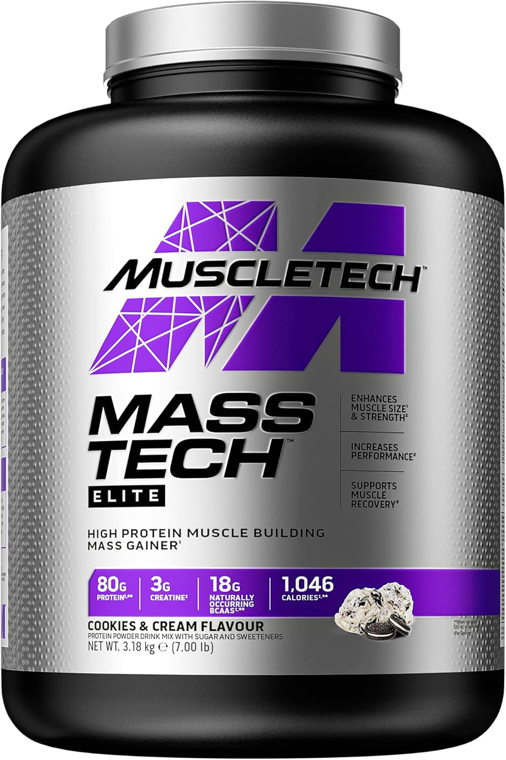 MuscleTech MassTech Elite Protein Powder, Weight & Muscle Mass Gainer, Whey Isolate Mass Protein Powder With 3g Creatine, 80g Protein, 18g BCAA, 14 Servings, 3.2kg, Cookies & Cream