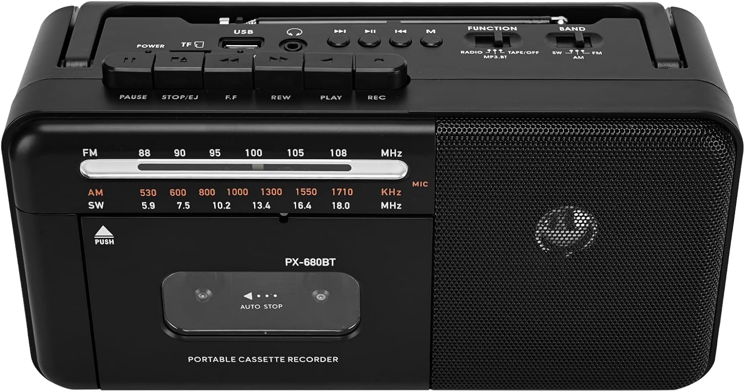 Lychee Portable Tape Recorder, Vintage Cassette Recorder with AM/FM/SW Radio, Built-in Speaker, AC/DC/3.5mm Headphone Jack, Support TF Card/USB Input (Black)