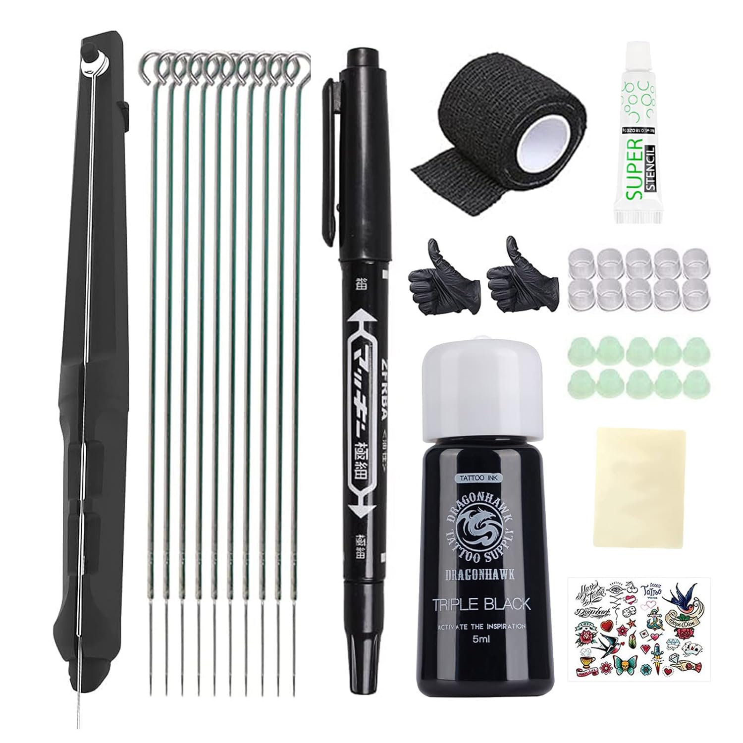 Dragonhawk Hank Poke & Stick Tattoo Kit Beginner Hand Home Tattoo Supply Kits Ink Needles Complete Set Stick DD-SZ