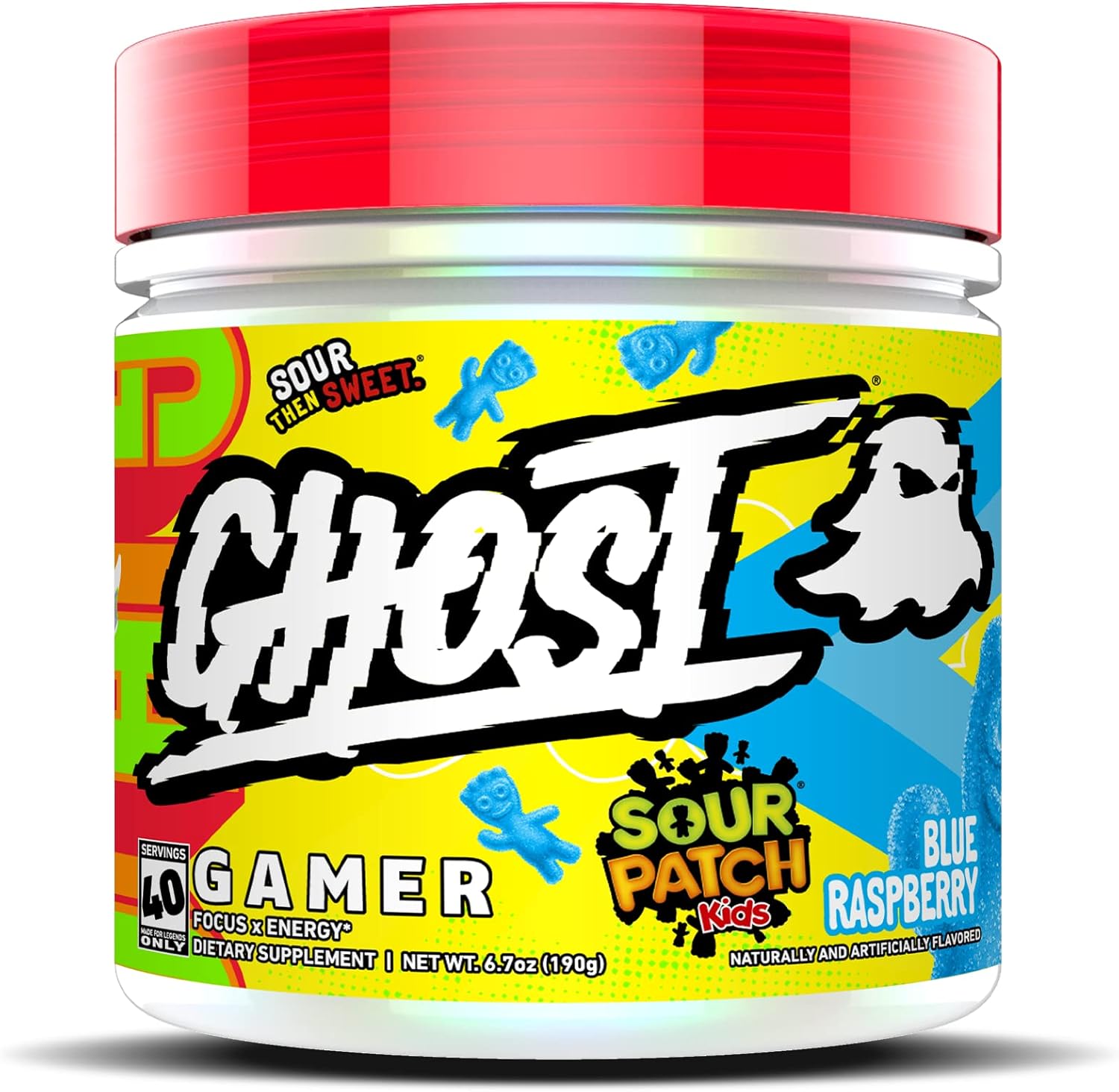 GHOST Gamer: Energy and Focus Support Formula - 40 Servings, Sour Patch Kids Blue Raspberry - Nootropics & Natural Caffeine for Attention, Accuracy & Reaction Time - Vegan, Gluten-Free