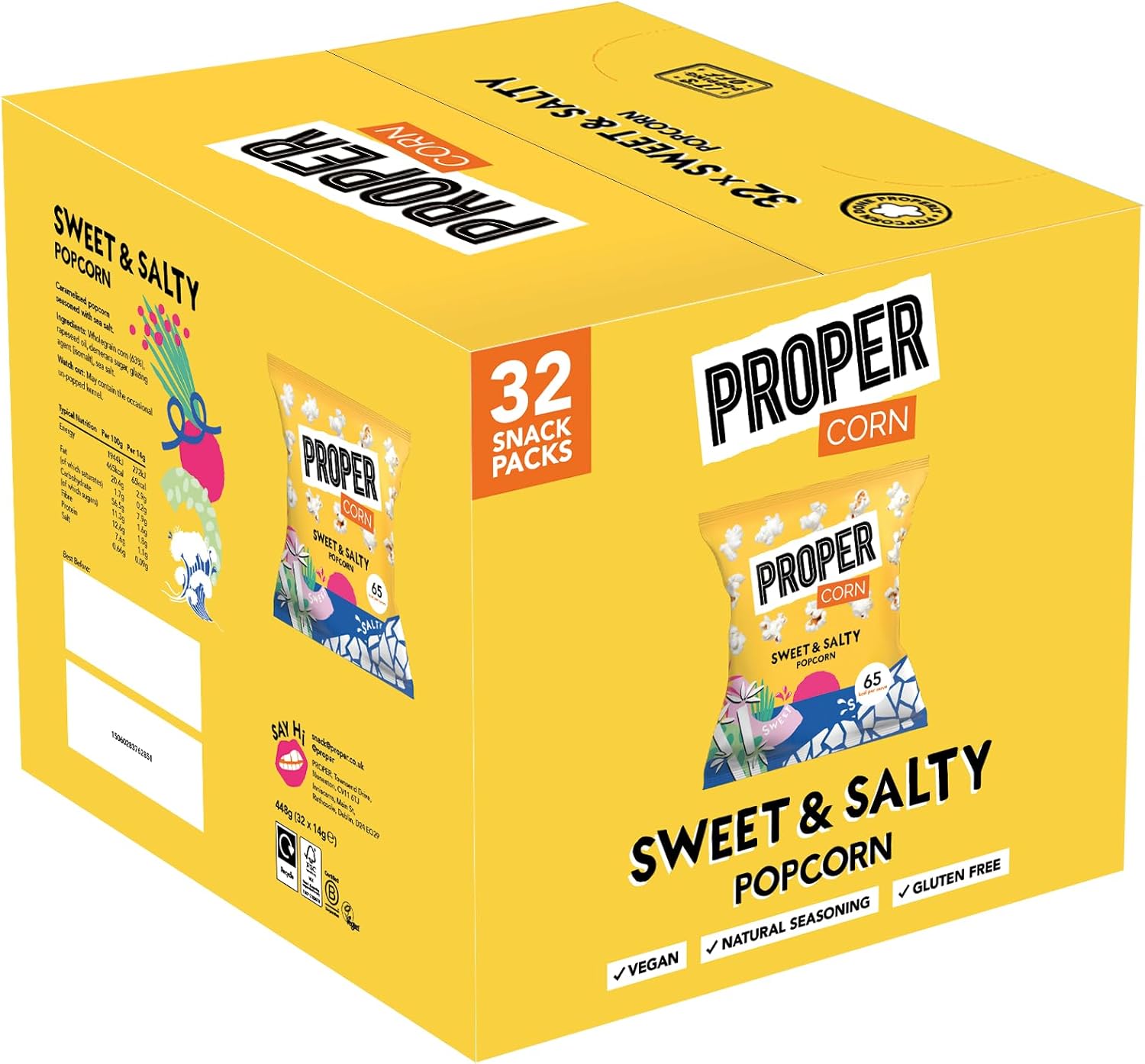 PROPER Sweet & Salty Popcorn, Natural Sea Salt and Demerara Sugar Seasoning, Vegetarian, Gluten-Free, Hand-Popped Corn, 65 kcal, 14g, Box of 32