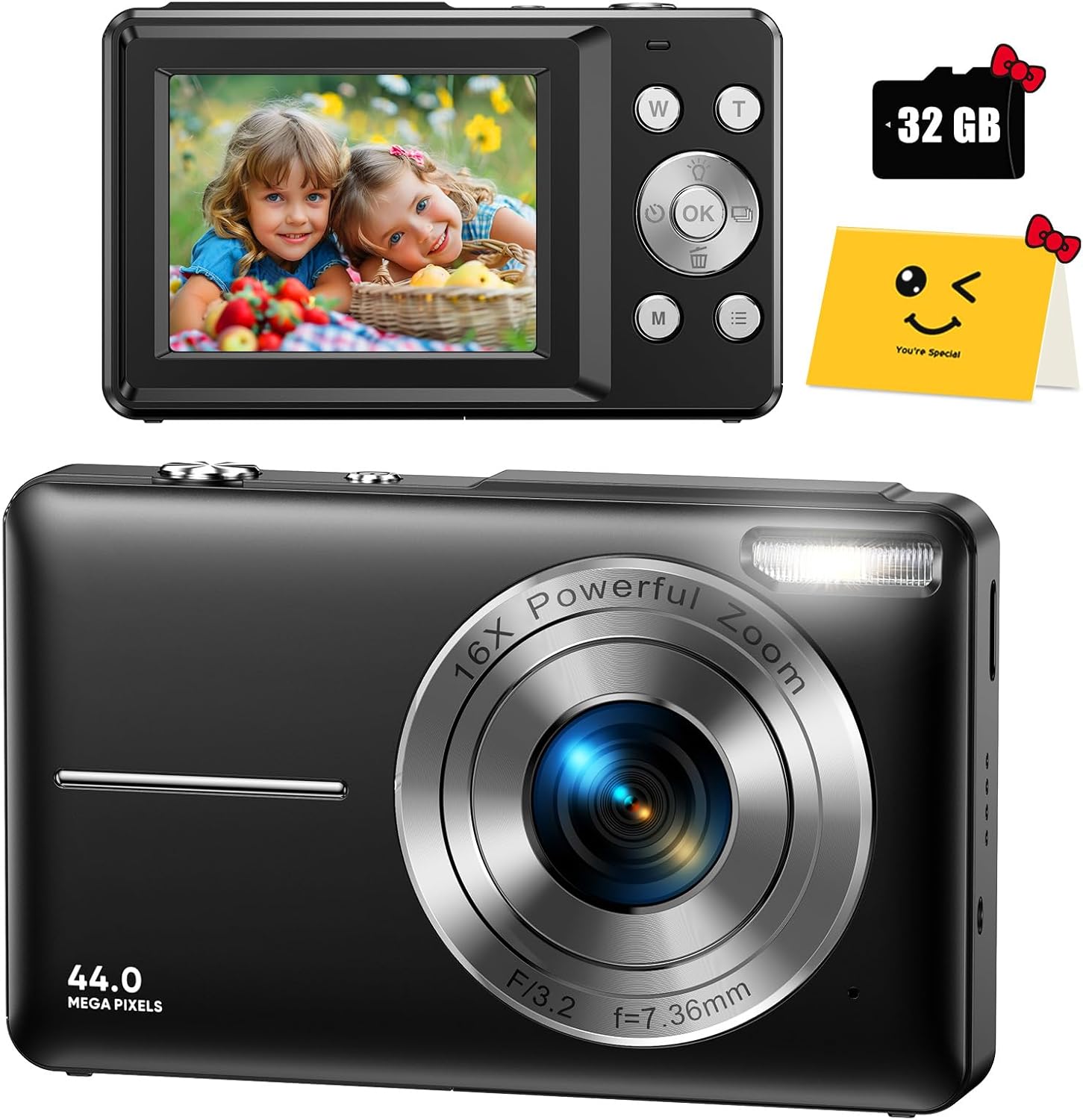 FHD 1080P Digital Camera for Kids with 32GB SD Card - Compact Point and Shoot Camera with 16X Zoom, Anti Shake, Portable, Perfect for Teens, Boys, Girls, Seniors - Best Wishes Card