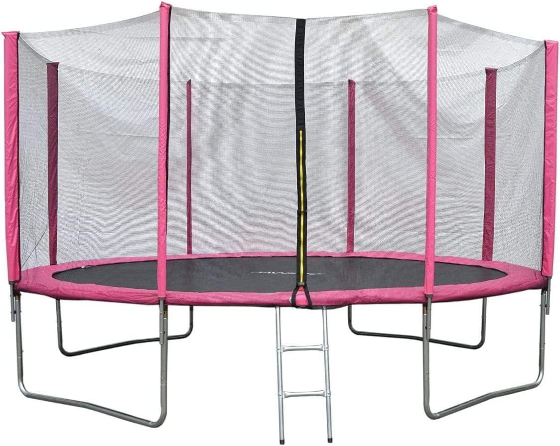 Evre Outdoor Trampoline with Safety Net, Padded Poles and Ladder in Blue or Pink 8 10 12 14 Ft