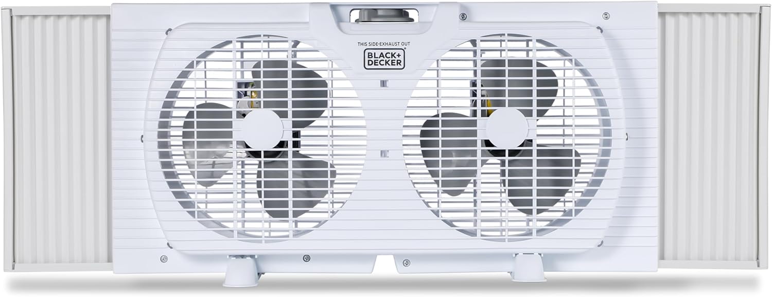 BLACK+DECKER 9" Dual Window Fan with 2 Speed Settings, Twin Fan Heads with Mechanical Dial Control, Removable Legs, For Sliding Windows up to 33” W with Accordion Expanders, BFW9M, White