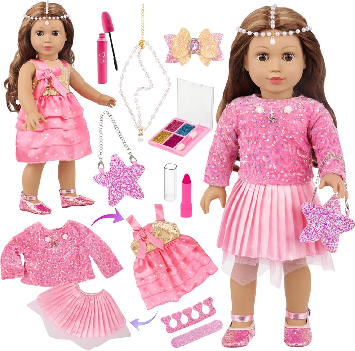 American 18 Inch Doll Makeup Accessories and Princess Dress Set,Included 2 Pieces Clothes,Cute Messenger Bag,Pearl Headwear,Lipstick,Eyelash Brush,Eye Shadow,Butterfly Hair Clip and Nail Tool(NO DOLL)