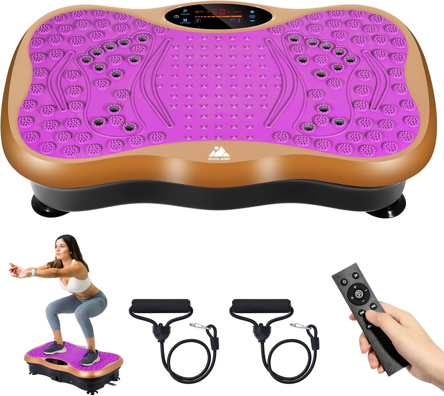EVOLAND Vibration Plate Exercise Machine, Vibration Fitness Trainer with Bluetooth Speaker, 5 Program Modes, 2 Resistance Bands, Home Exercise Equipment for Fitness Body Toning
