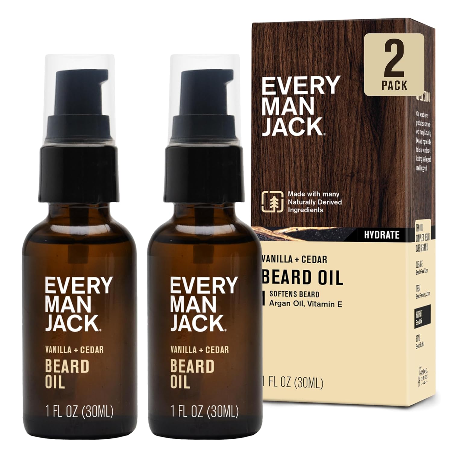 Every Man Jack Mens Beard Oil - Vanilla & Cedar Fragrance - Deeply Moisturizes and Softens Your Beard and Adds a Natural Shine - Naturally Derived with Shea Butter- 1 fl oz (2 Pack)