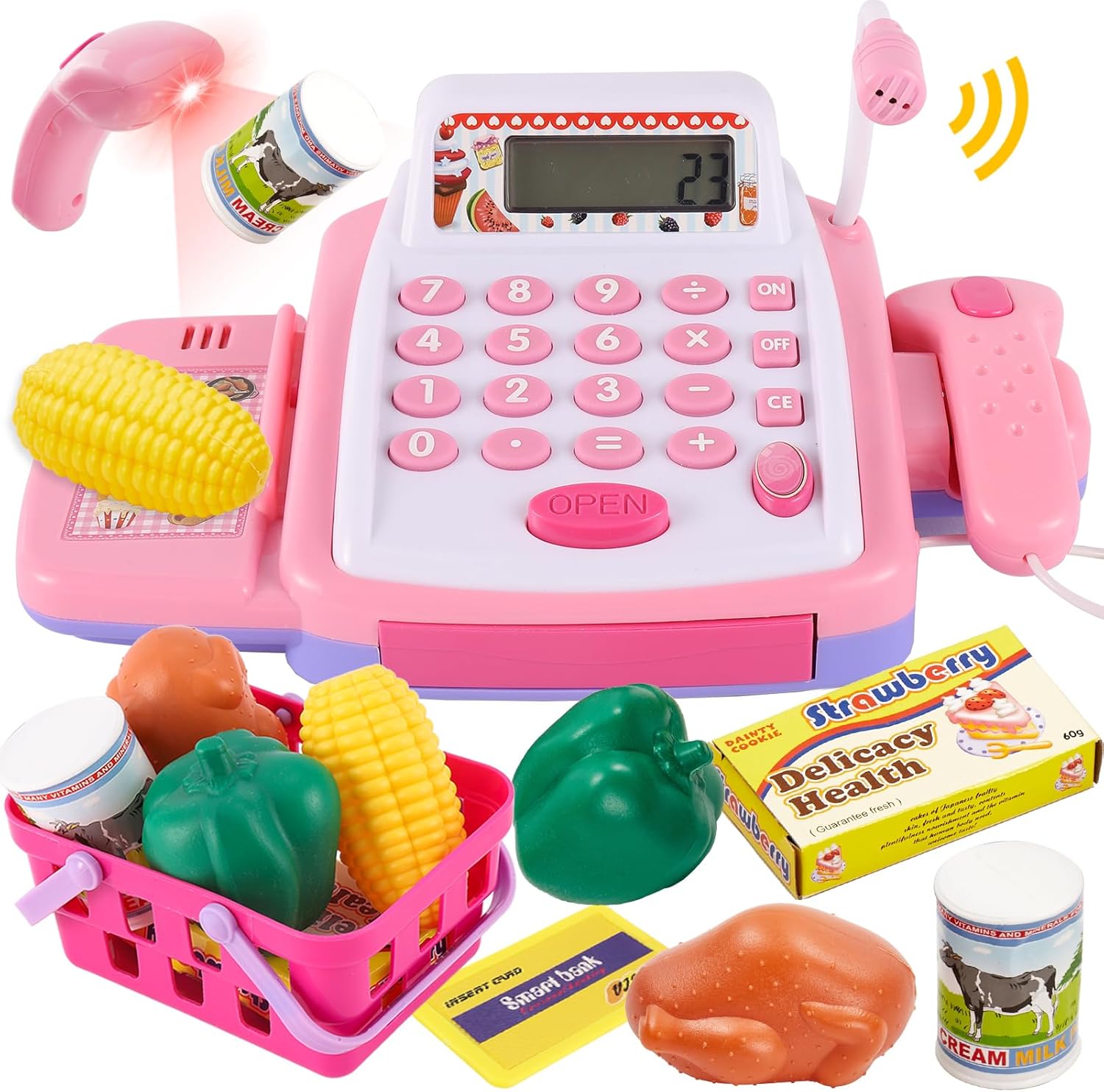 HYAKIDS Child Toy Till Cash Register for Kids, Shopping Till Role Play Food Money Imaginative Play Toys with Real Calculator Microphone Gifts for Girls Boys