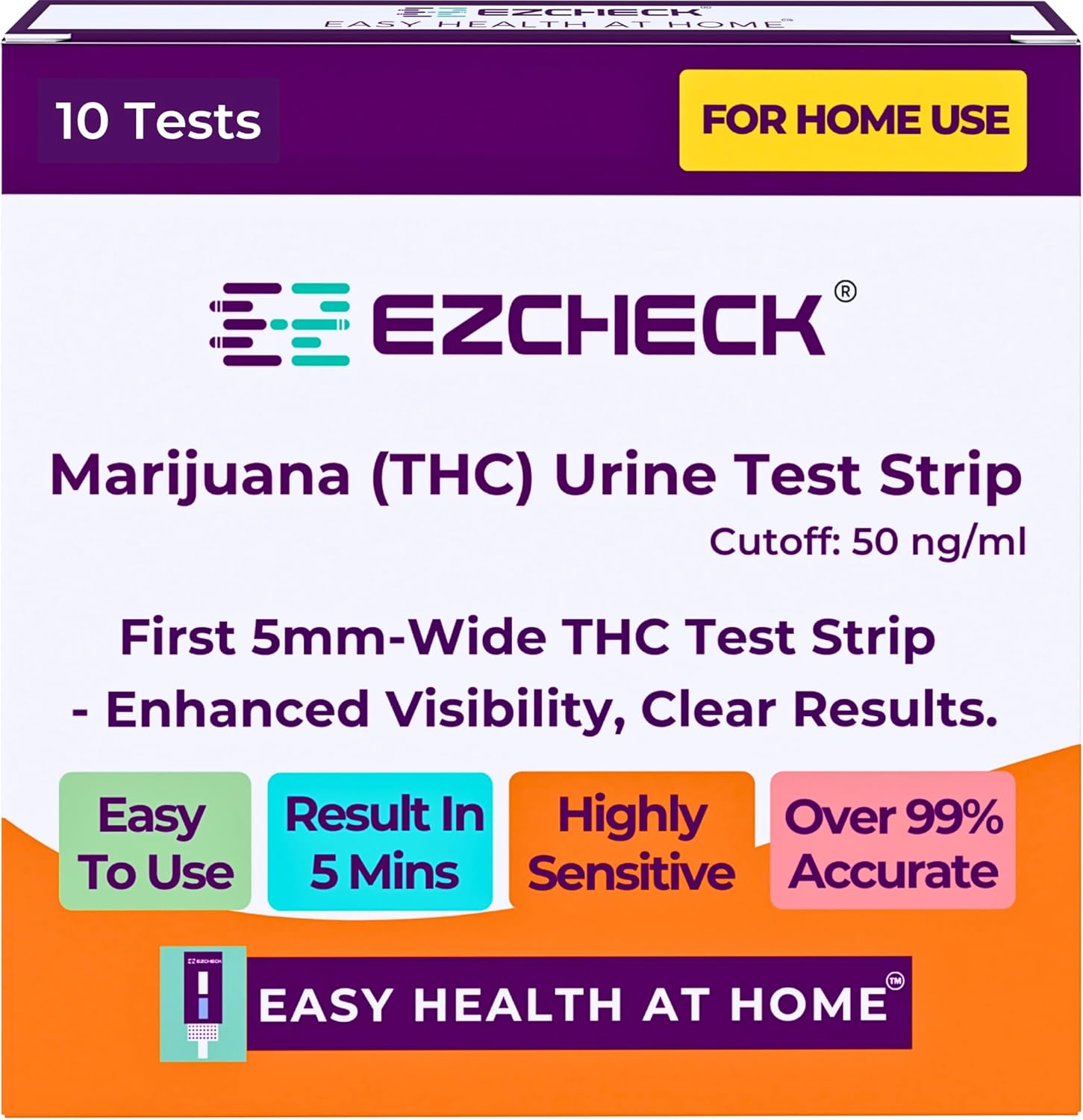 [10 Tests] EZCHECK® 5mm Ultra-Sensitive THC Urine Test Strip – Fast & Clear at-Home Marijuana Drug Test, 50 ng/ml Detection, Solid & Clear Result Lines, Quick 5-Min Result, FSA/HSA Eligible