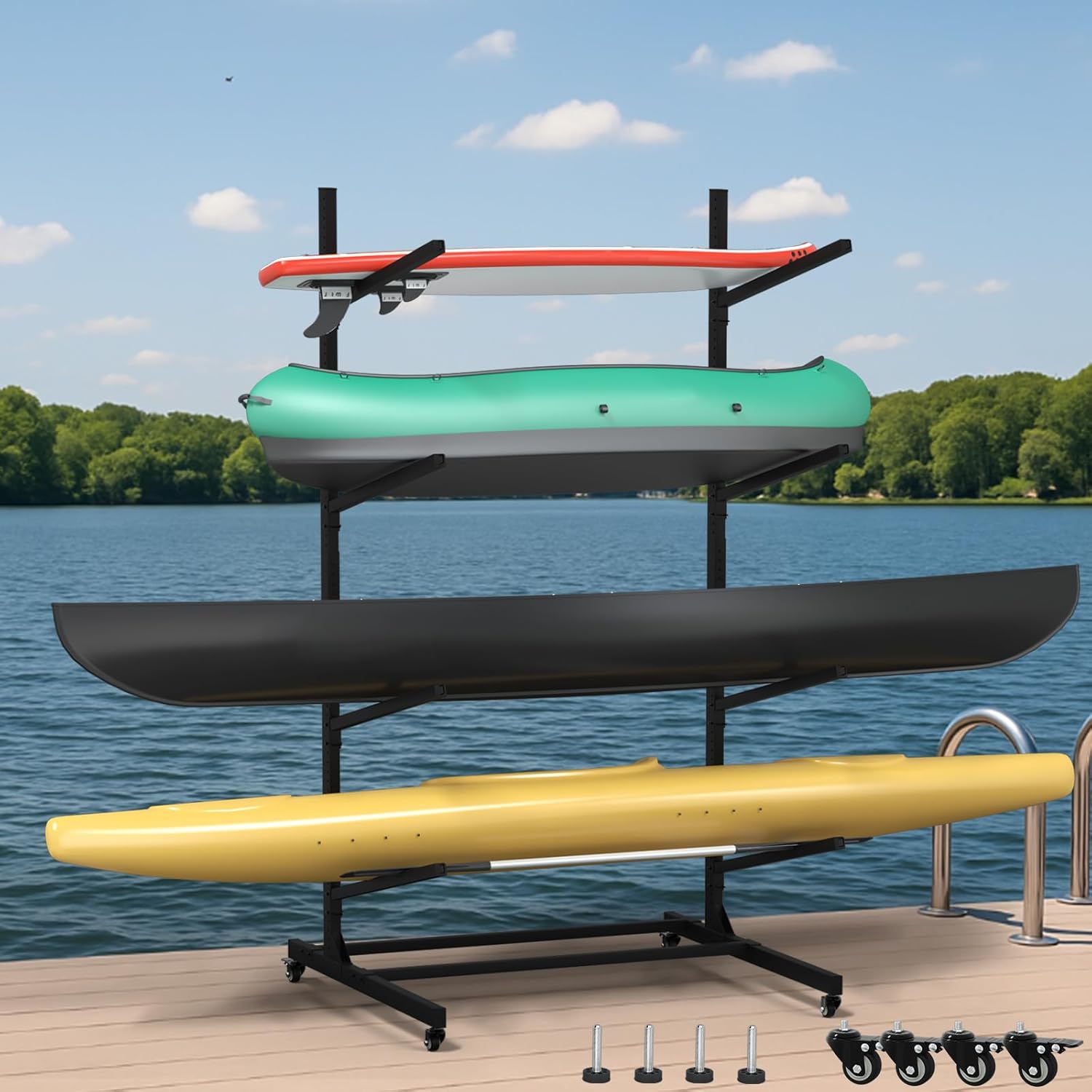 Heavy-Duty 3/4-Layer Kayak Rack, Freestanding Kayak Storage Rack w/Swappable Wheels & Feet, Adjustable Kayak Stand for Outdoor and Indoor, Premium Canoe and Kayak Holder