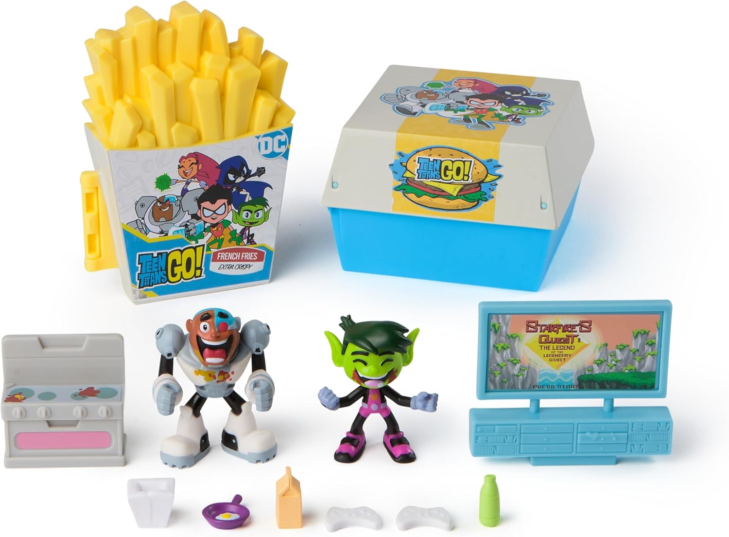 DC Comics Teen Titans Go! Kitchen Chaos Dis-Play Set with Beast Boy and Cyborg Figures and Accessories, Playset Kids’ Toys for Boys and Girls Aged 4 and Up