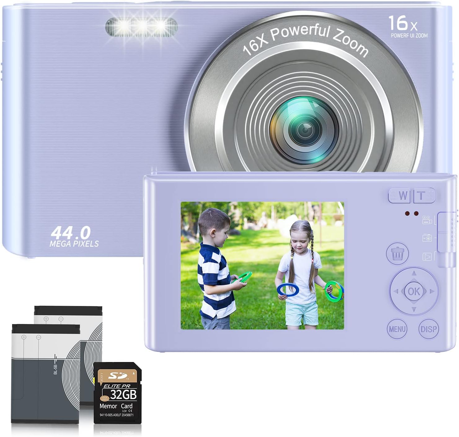 4K 44MP Kids Digital Camera with 32GB SD Card, 16X Digital Zoom, 2.4 Inch Portable Small Camera for Kids Teens Adults - Purple