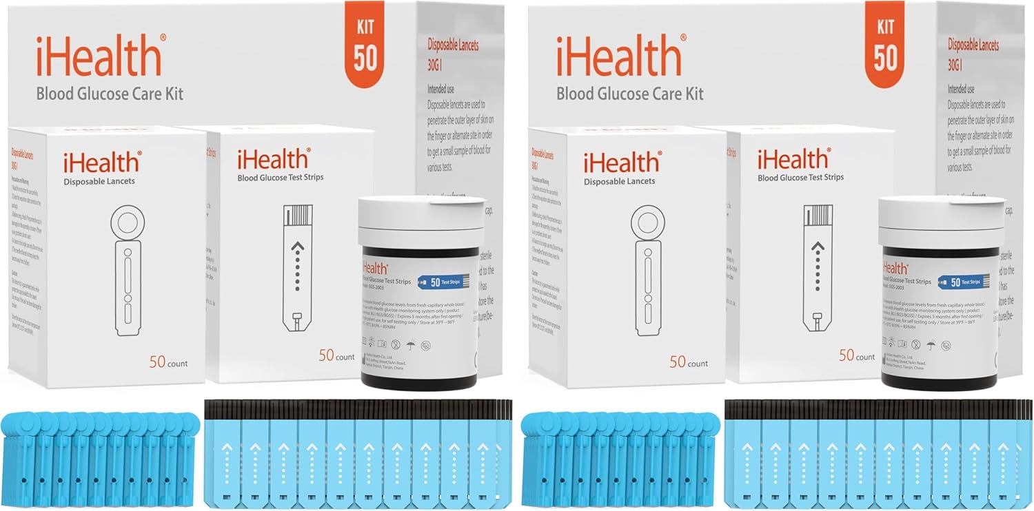 iHealth Blood Glucose Test Strips 50 Count, Lancets for Diabetes Management 50 Count, Compatible with iHealth Blood Glucose Monitor Only (Pack of 2)