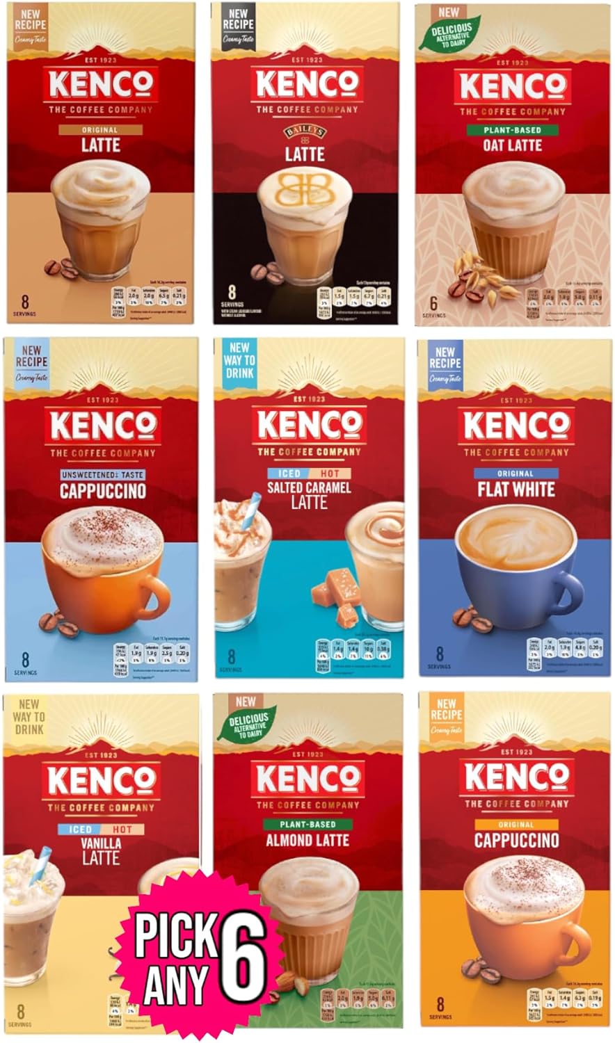 Kenco Instant Coffee Sachets - Pick Any 6 Packs From 9 Blends Including Almond, Vanilla, Oat, Baileys Latte, Cappuccino, Flat White, Iced Hot Salted Caramel