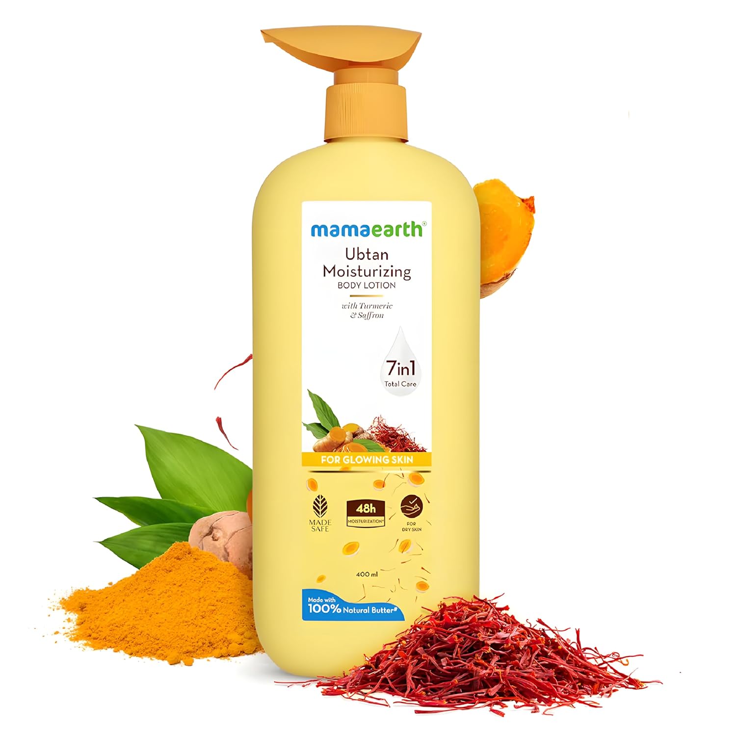 MAMAEARTH Ubtan Moisturizing Body Lotion with Turmeric & Saffron for Glowing Skin 400 ml | 48H Moisturization | Nourishes Dry Skin | 7in1 Total Care | 100% Natural Butter | Non-Greasy Smooth Skin