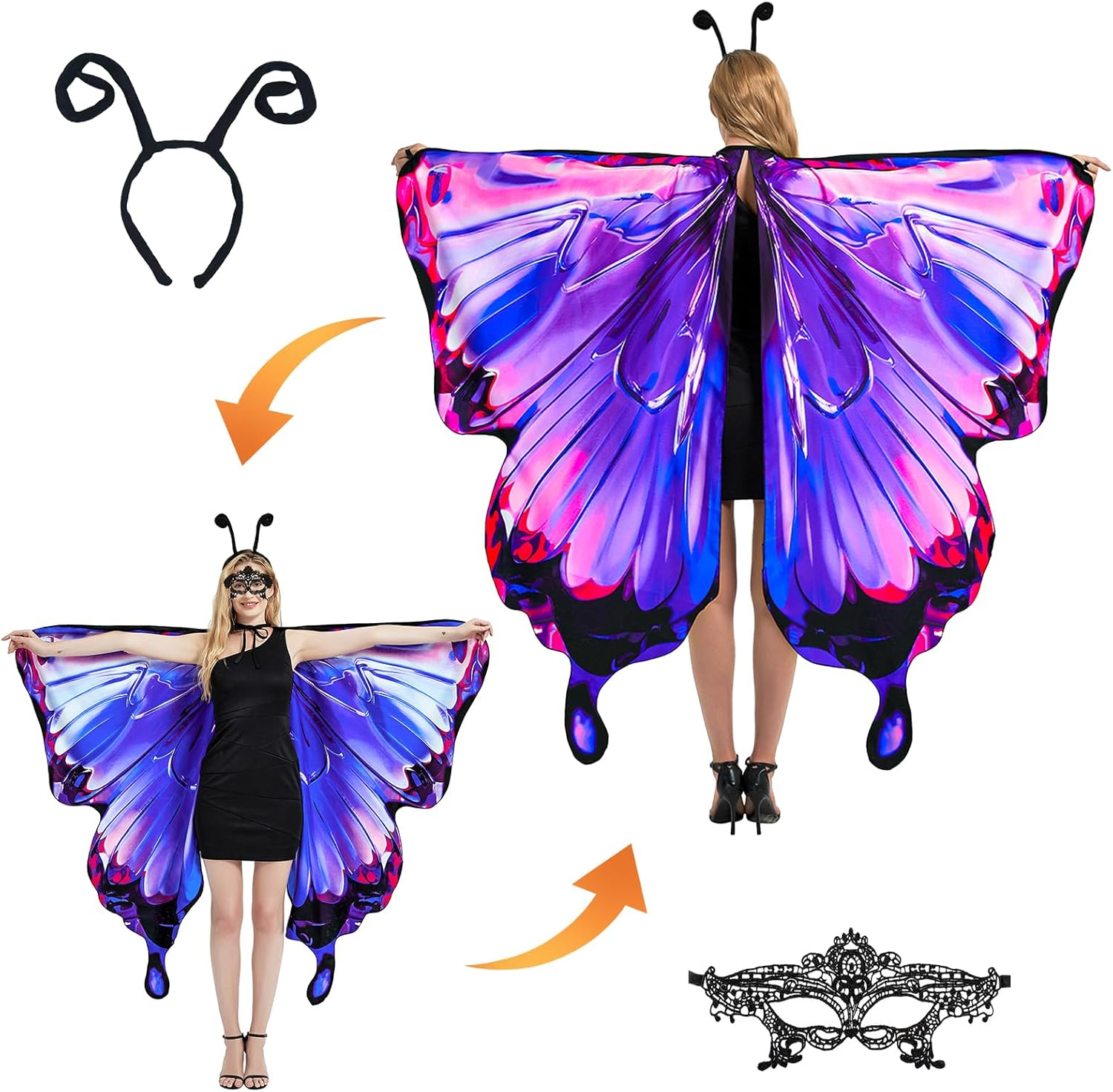 Halloween Butterfly Costume for Women and Teen Girls Plus Size Wings,Double Sided Reversible Butterfly Cape for Adults