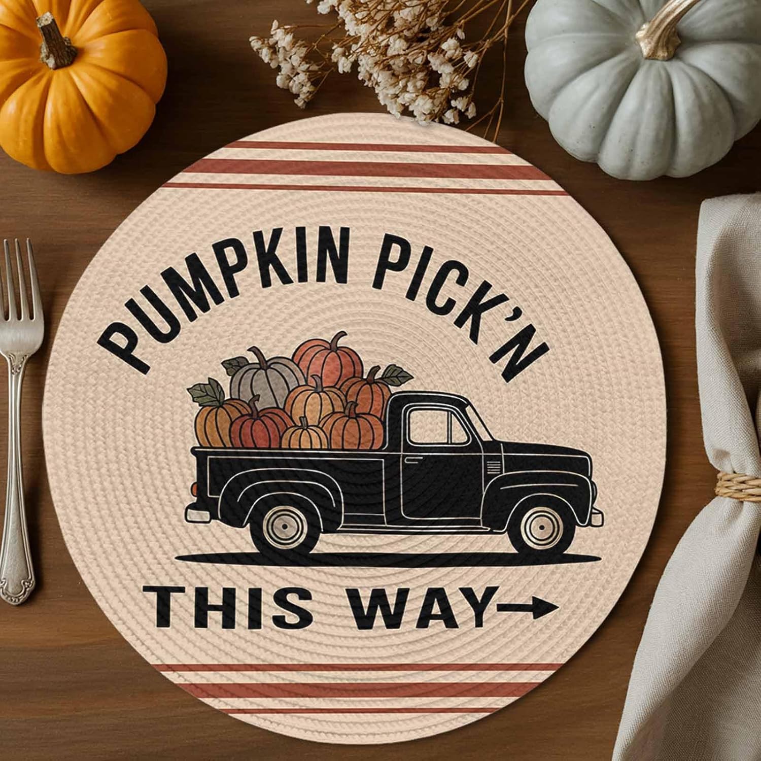 Round Placemats Set of 6,Pumpkin Pick'n This Way Words Non-Slip Heat-Proof Table Mats Pumpkins on Black Truck Washable PP Place Mat for Home Kitchen Dining Party Tables