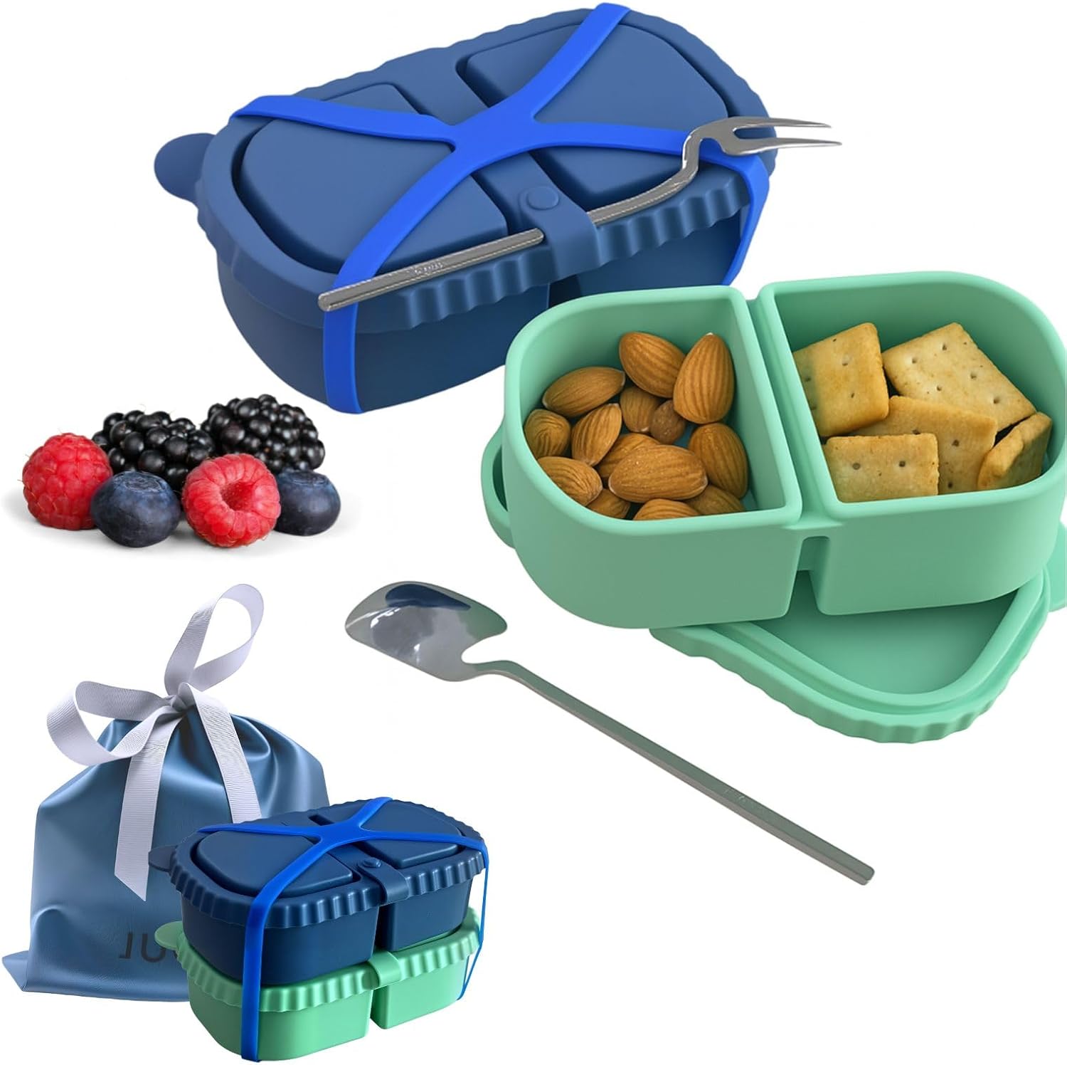 2-Compartment Silicone Snack Container with Lid, Strap, Spoon & Fork – Portable Dual-Section Food Storage Box for Sauces, Snacks, Leak-Resistant Lunch Bento for Work or Travel (blue+green)