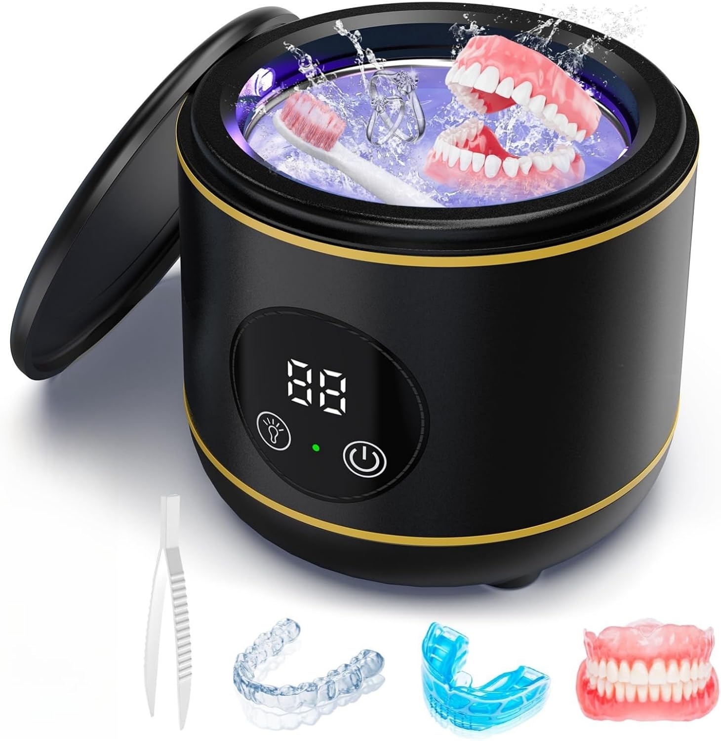 Padonco Ultrasonic Retainer Cleaner, 45kHz Ultrasonic Denture Cleaner Machine with UV-Light, Portable Ultrasonic Cleaner for Aligner, Mouthguard (Black)