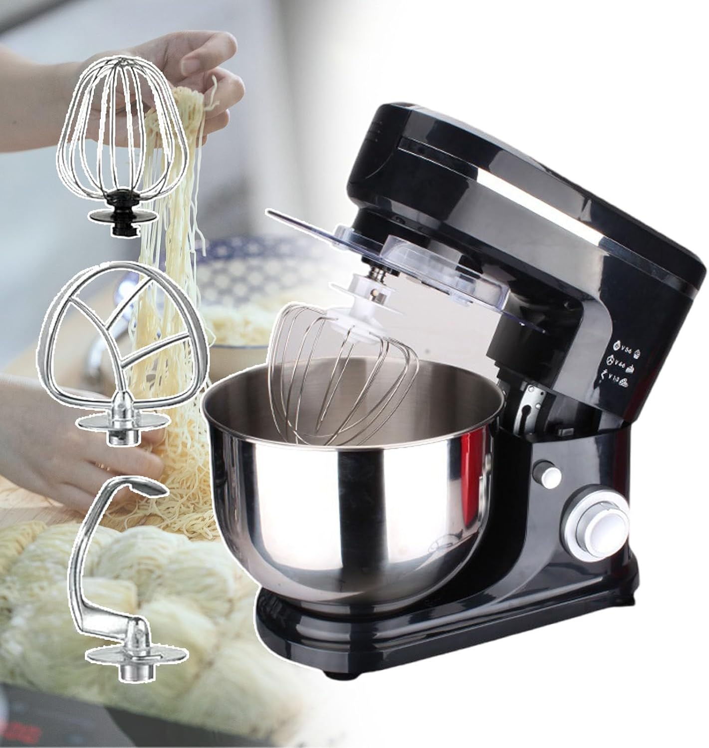 Home/Commercial Mixer, Mixer With Tilting Head, Abs-Metal Edge Body, Avoid Sputtering The Feed Cover, Electronic Knob, 6+P Speed Adjustment,Black