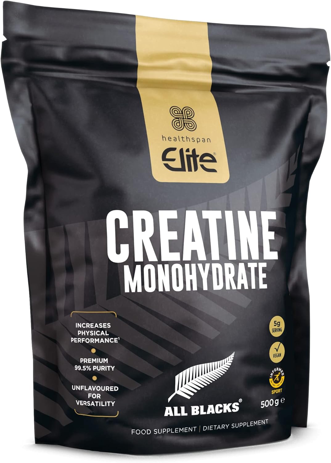 Healthspan Elite All Blacks Creatine Monohydrate (500g) | Increase Physical Performance & Intensity | Use During Exercise, or Pre/Post-Workout | Unflavoured | Vegan