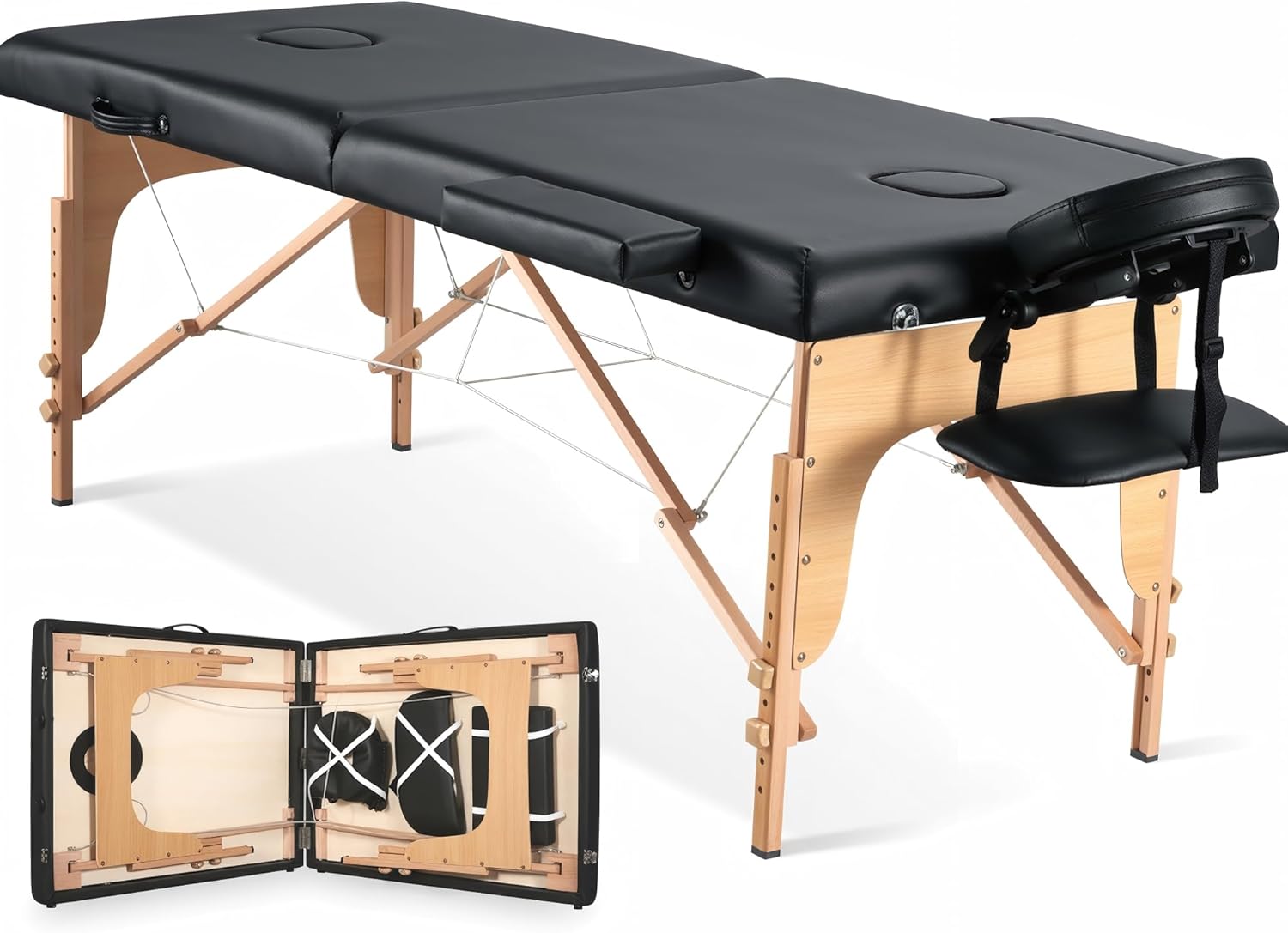 CHRUN Massage Table Portable Wooden Lash Bed 24" Wide Massage Bed Foldable Beauty Spa Tattoo Face Cradle Adjustable Height 35Inch 2 Fold with Bag (Black)