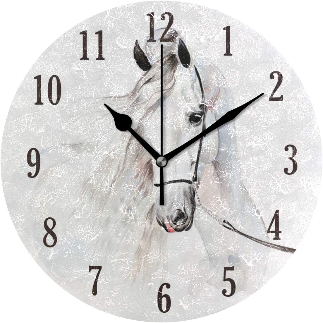 Mnsruu Wall Clock, Round White Horse Silent Clock Decorative, Battery Operated Easy to Read for Indoor Living Room Bedroom