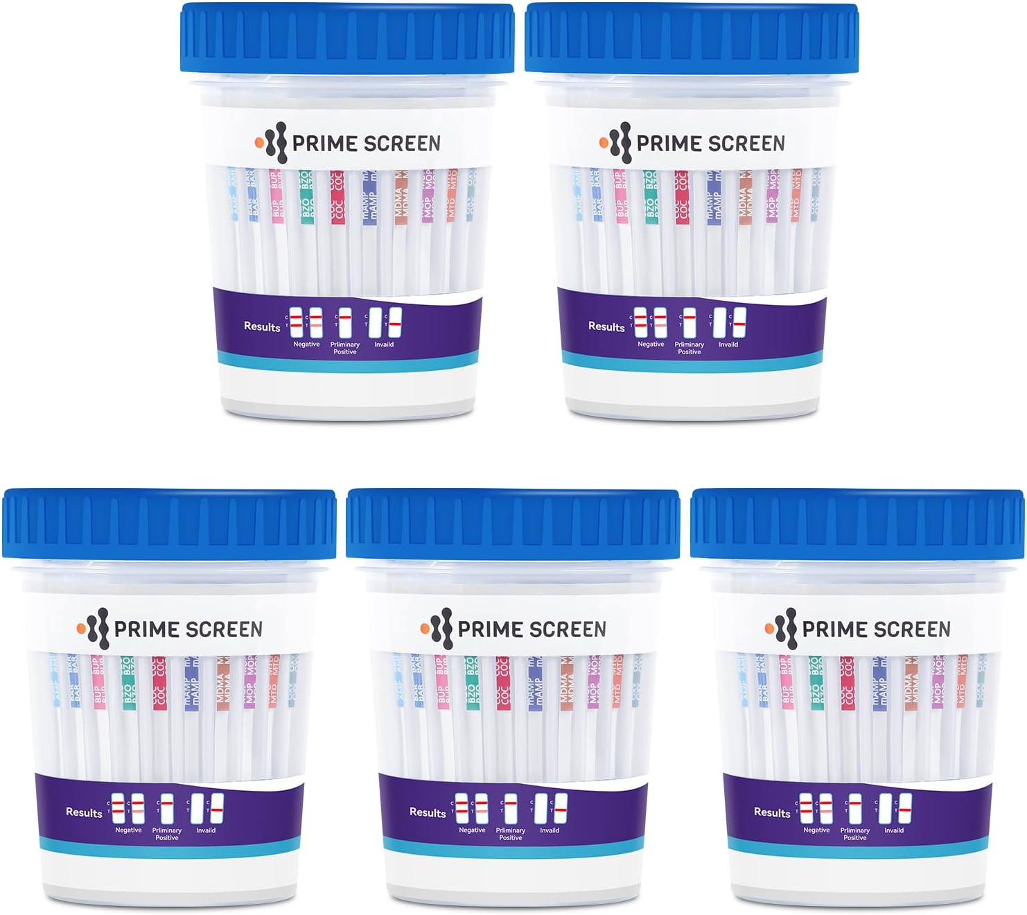 Prime Screen Drug Tests Cup Professional 12 in 1 Instant Drug Testing Kits for Cannabis, Coke,OPI, AMP, BAR, BUP, BZO, mAMP, MDMA, MTD, OXY, PCP, 5 Pack