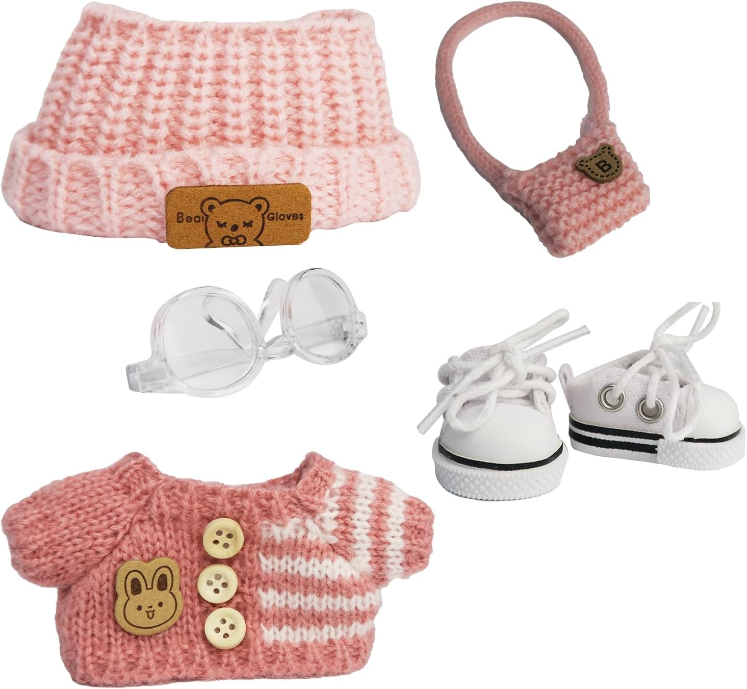 Cloth for Doll,5-Piece Handcrafted Crochet Clothes Outfit for 17cm &15cm(NO Doll) - Light Pink Clothes + Light Pink Bear-Shaped Velvet hat + Glasses + Shoulder Bag + White Canvas Shoes