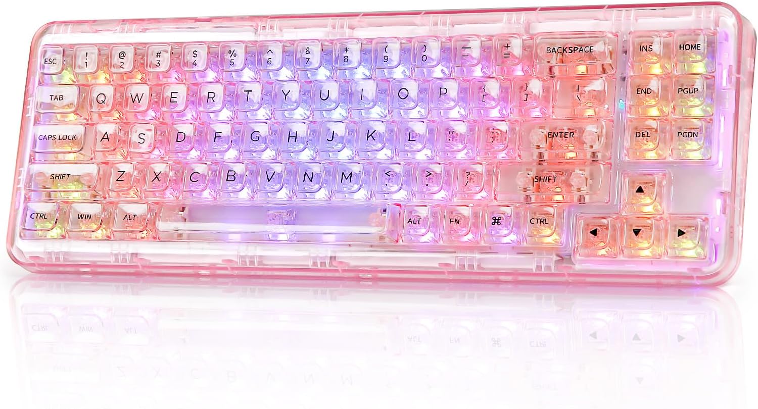 YUNZII X71 Transparent Mechanical Keyboard with Clear Keycaps, BT5.0/2.4G/USB-C Wired Gaming Keyboard 68% Layout,Gasket Mount Wireless RGB Gaming Keyboard for Win/Mac(Crystal Ice Switch,Pink)