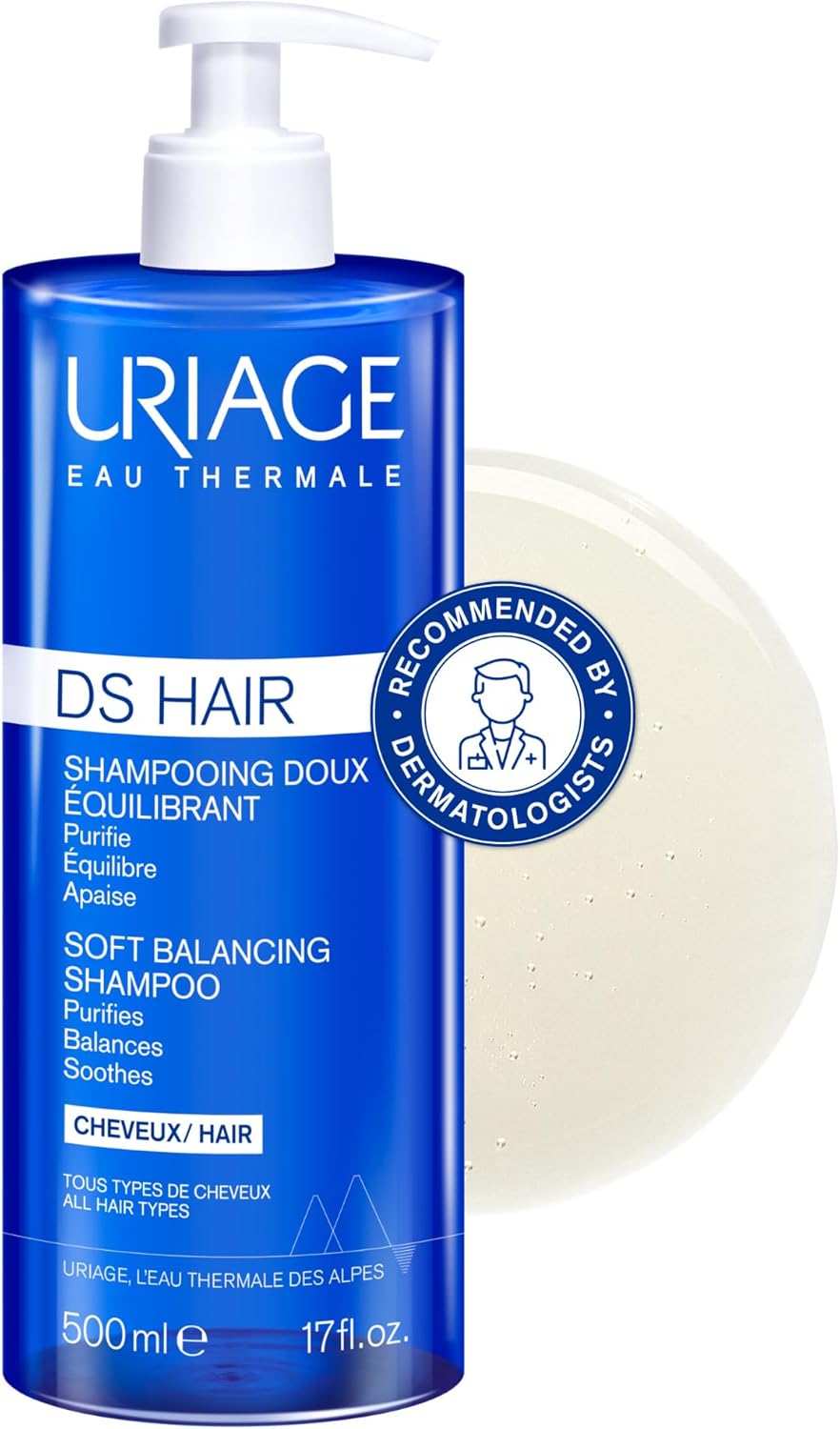 Uriage DS Hair Soft Shampoo with Edelweiss - Deeply Purifies & Soothes - Leaves Hair Soft & Shiny - Fresh & Floral Scent - Everyday wash - Suitable for Sensitive & Irritated Scalps - Soap-free - 500ml