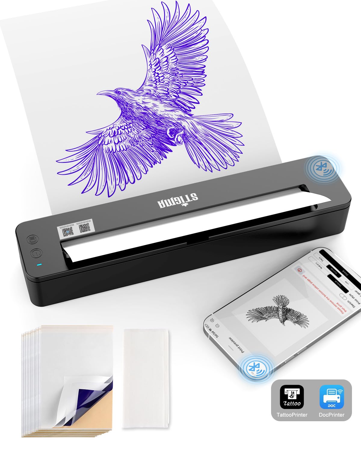 STIGMA Tattoo Transfer Stencil Machine A4 Printer Bluetooth Tattoo Thermal Stencil Machine Copier Drawing Thermal Stencil Maker with 10Pcs Transfer Paper for Tattooing Printing T106S-UK