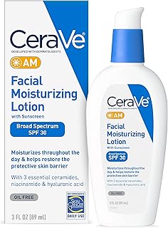 CeraVe AM Facial Moisturizing Lotion with SPF 30, Oil-Free Face Moisturizer with SPF, Formulated with Hyaluronic Acid, Niacinamide & Ceramides, Non-Comedogenic, Broad Spectrum Sunscreen, 3 Ounce