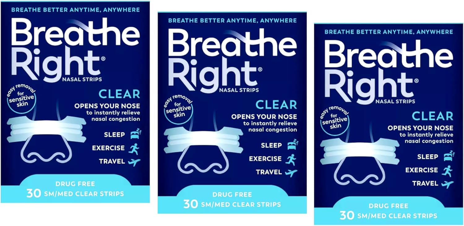 Breathe Right Nasal Strips, Small/Medium, Clear, 30 Count (Pack of 3)