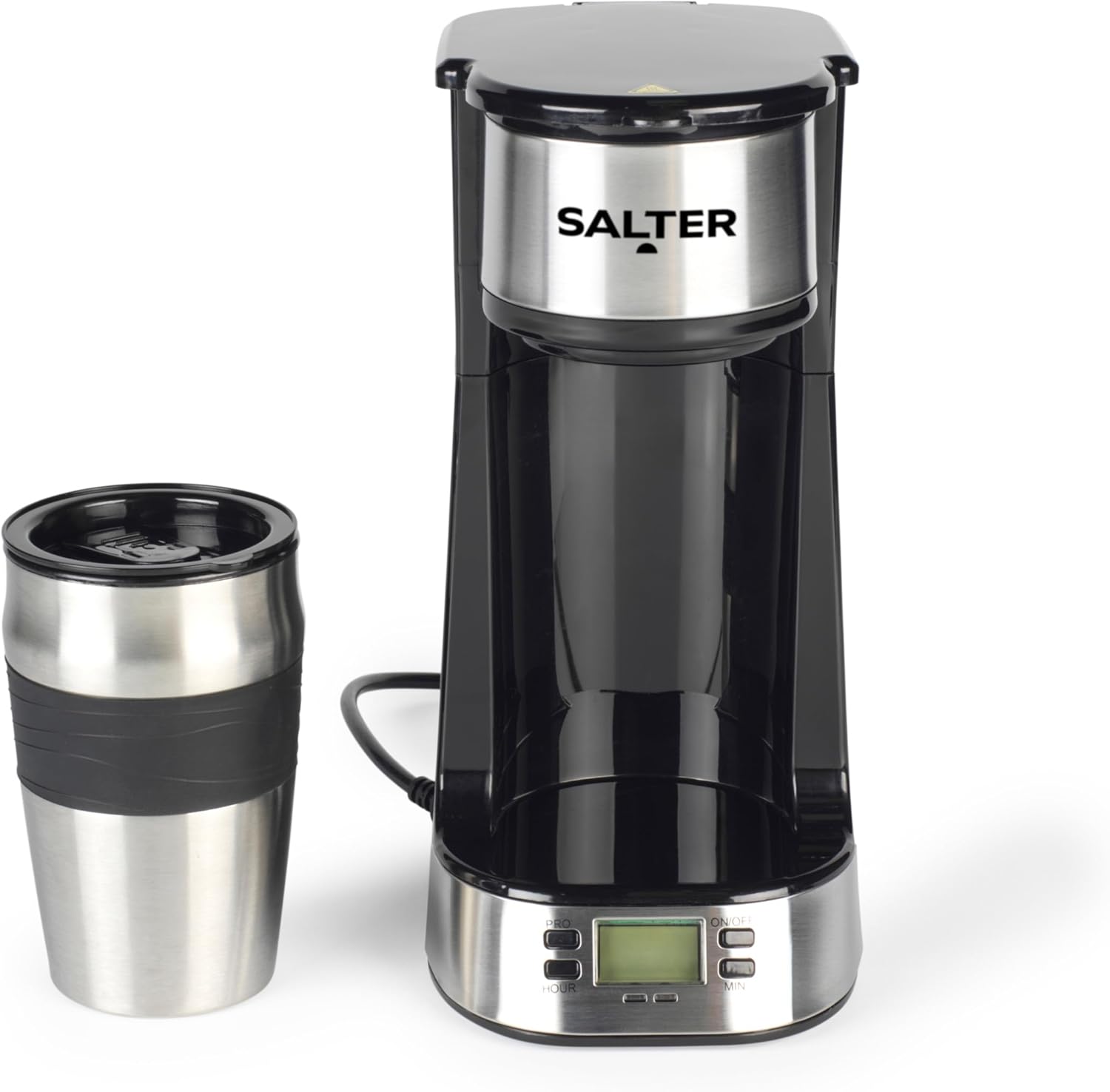 Salter EK2732 Personal Coffee Machine - One Cup Filter Coffee Maker, Includes 420ml Stainless Steel Travel Mug, Removable & Washable Filter, Quick Brew In 3-4 Mins, Compatible With Ground Coffee, 750W