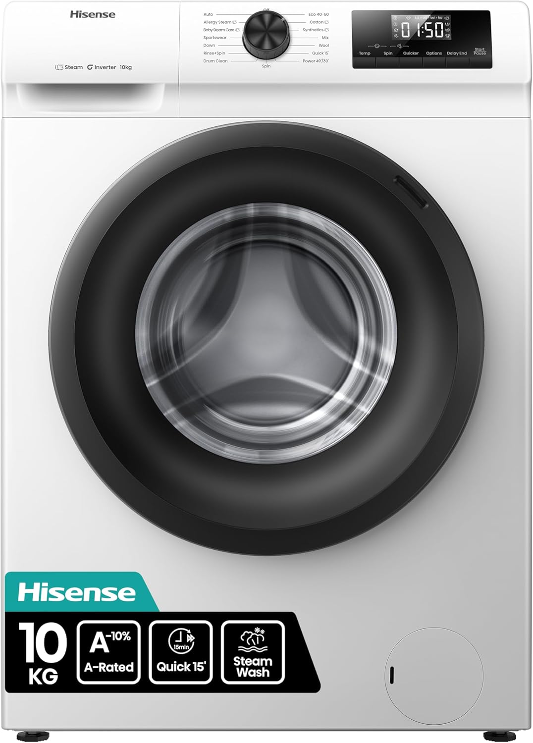 Hisense 1Q Series WF1Q1041BW Freestanding 10 KG Front Load Washing Durable Inverter Machine, Steam Wash, Quick Wash, 15 Washing Programs 1400 RPM White - Energy Rating A