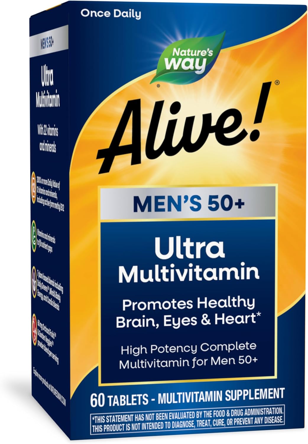 Nature's Way Alive! Men’s 50+ Daily Ultra Multivitamin, High Potency Formula, Supports Healthy Brain, Eyes & Heart*, with Methylated B12, Gluten-Free, 60 Tablets (Packaging May Vary)