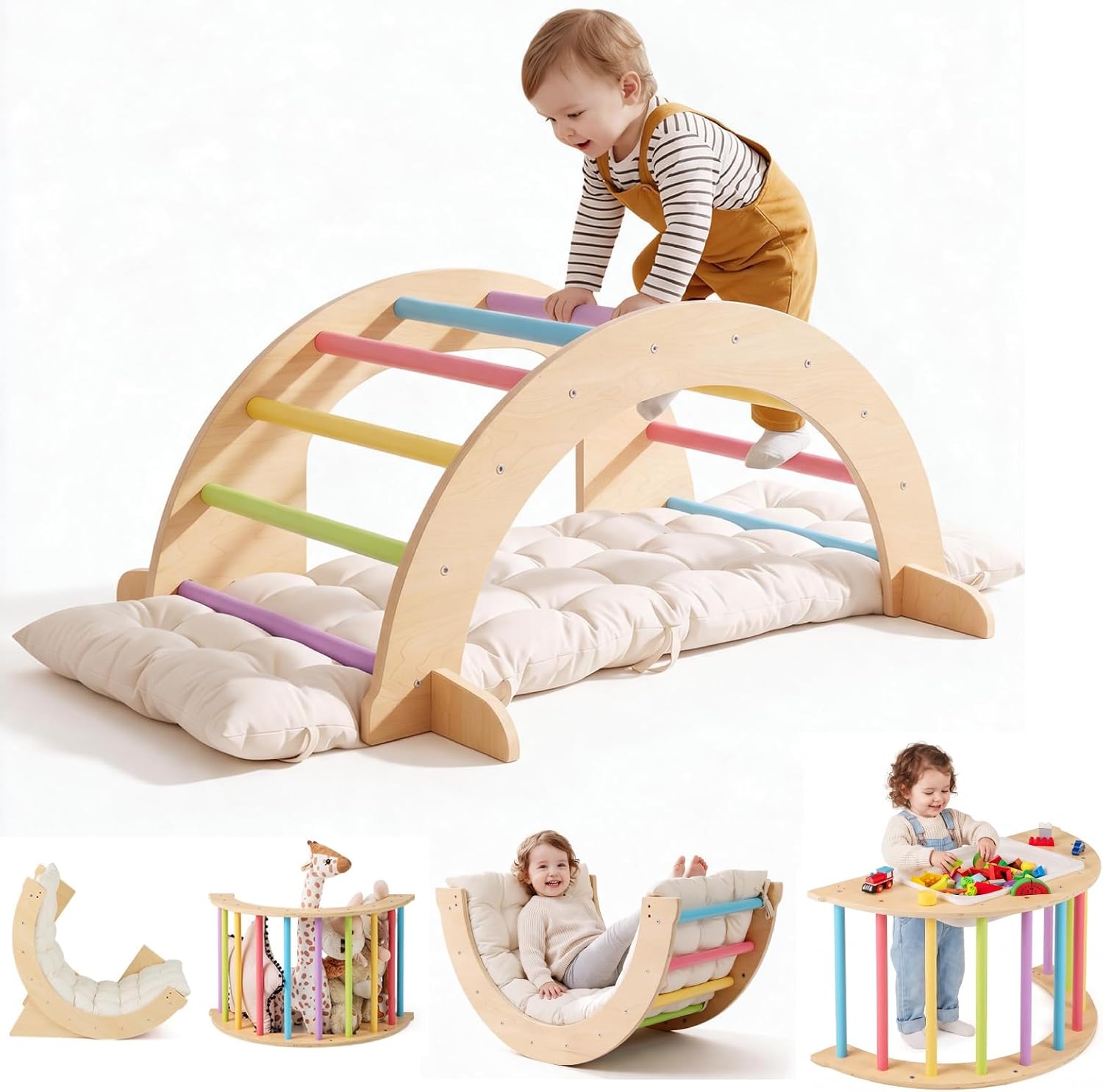 Costzon Wooden Rocking Climbing Arch for Kids, Climbing Toys with Cushion