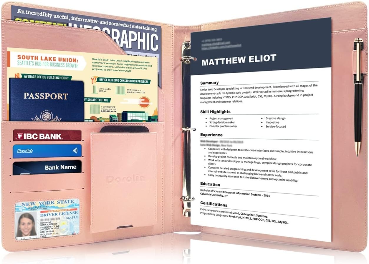 Darolin Business/Resume Padfolio with 3 Ring Binder, Interview/Conference/Legal Document Organizer, Leather Portfolio for Women/Men - RG