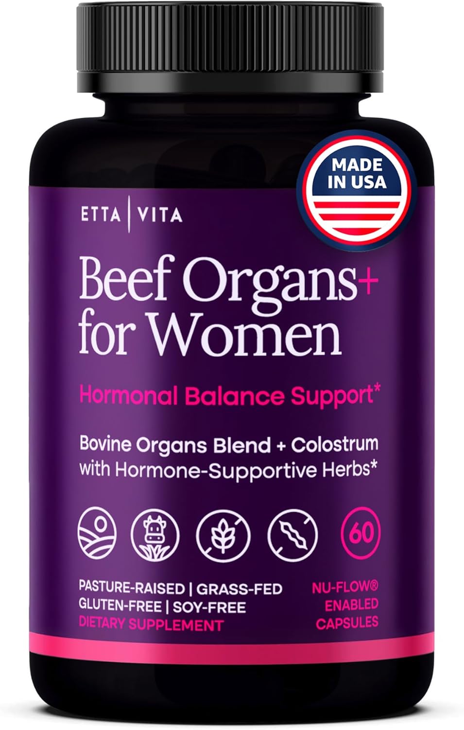 Etta Vita Womens Primal Beef Organ Supplement with Shatavari, Grass-Fed/Finished Ovary, Uterus, Liver, Kidney, Heart, Bone Matrix & Colostrum with Hormone-Supportive Herbs, 60 Capsules