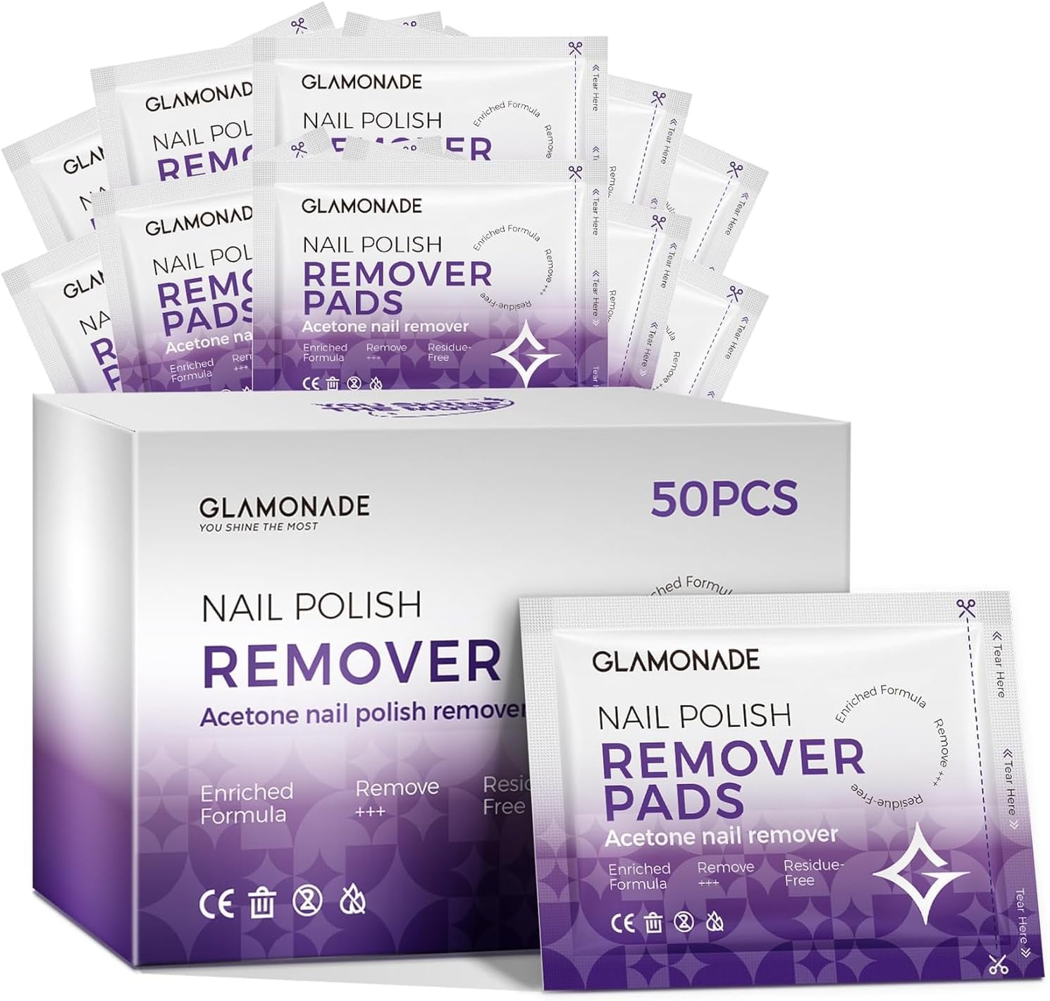Glamonade Nail Polish Remover Pads: Acetone Nail Polish Remover Pads Individually Wrapped Convenient Quick Portability 50 PCS
