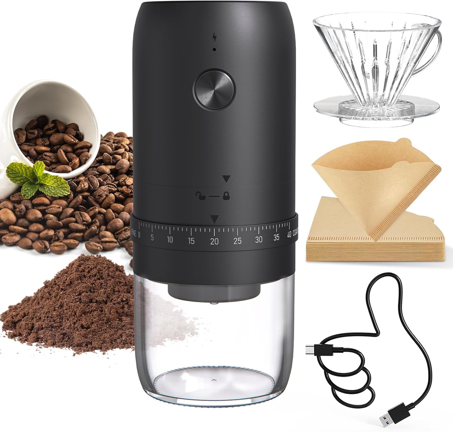 CIRCLE JOY Electric Coffee Bean Grinder, Portable Cordless Conical Burr Coffee Grinder with 40 Gears Adjustable Settings, USB Rechargeable and Washable Container