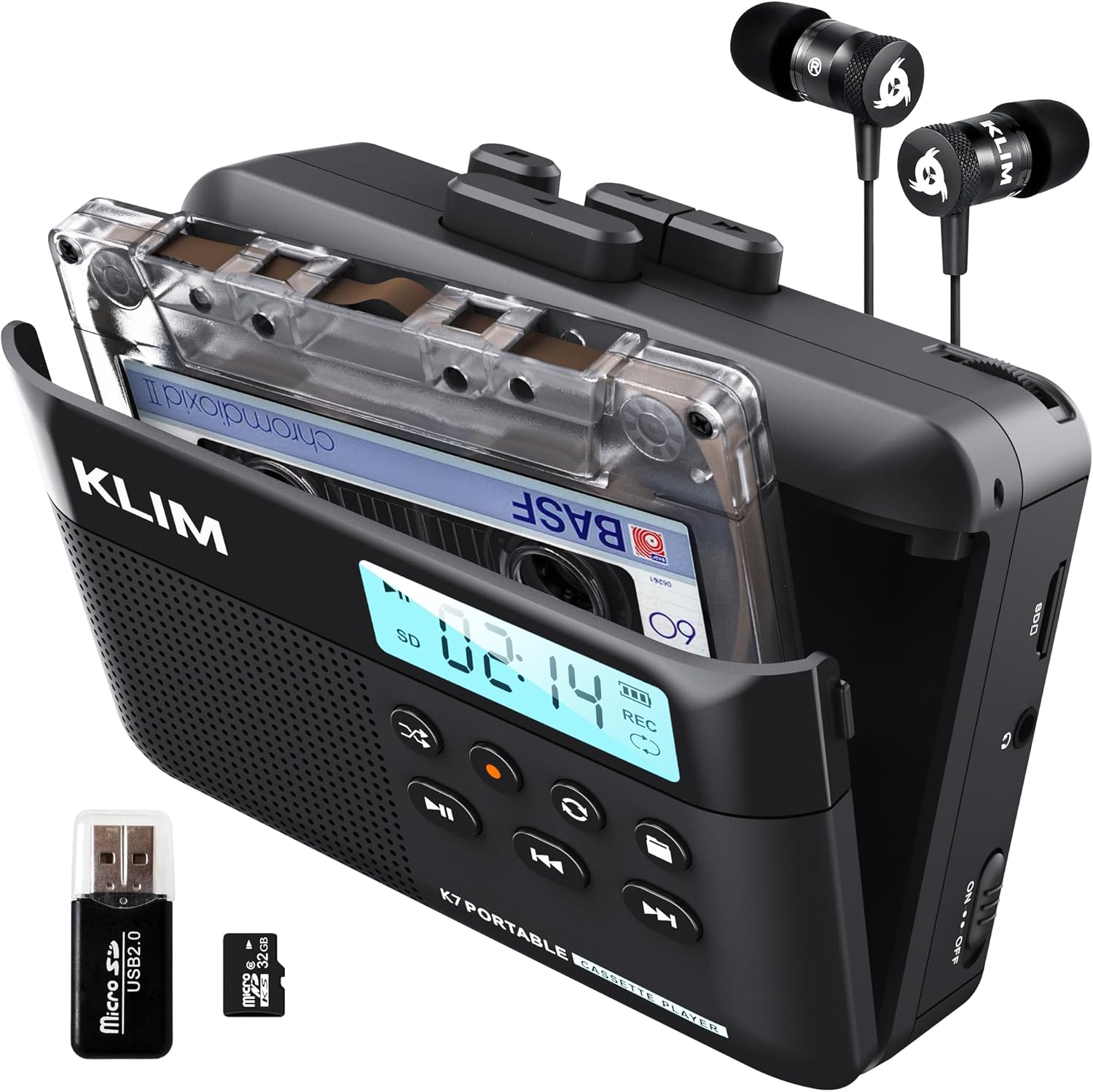 KLIM K7 Cassette Player - Cassette to Digital Converter - Portable Player with Built-in Microphone & Speaker - Rechargeable Battery - Earphones - 32GB SD Card