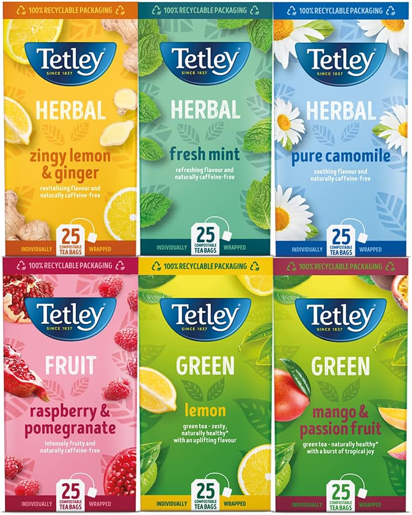 Tetley Mixed Fruit Tea Variety, Unique Fruity Flavours, 150 Individually Wrapped Bags, Herbal and Green Tea Selection