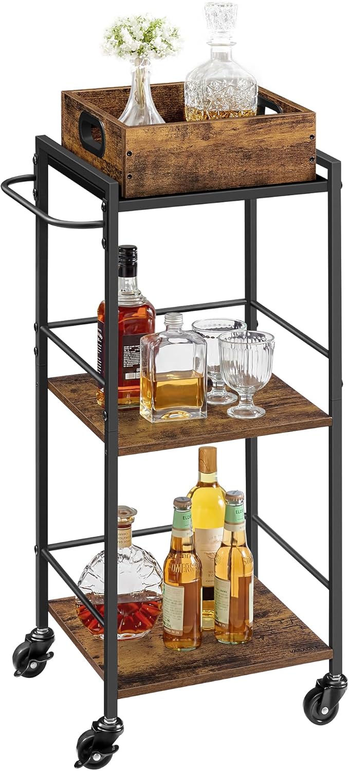 VASAGLE Kitchen Serving Cart with Removable Tray, 3-Tier Kitchen Utility Cart on Wheels with Storage, with Brakes, Levelling Feet, 30 x 34.7 x 86 cm, Rustic Brown and Black LRC062B01