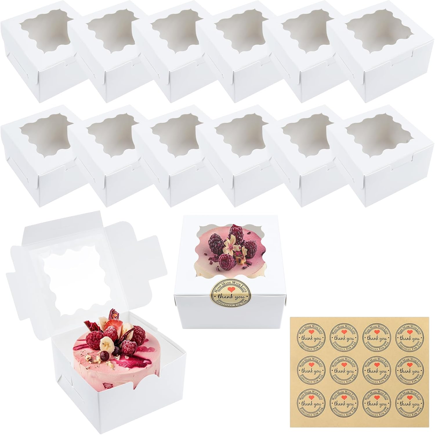 12PCS Small Cake Boxes, White Paper Cupcake Boxes Cookie Boxes with Windows and 12 Stickers Mini Cake Boxes Individual Bakery Dessert Brownie Boxes for Gift Small Cakes Sweet Candy (10 * 10 * 6.5cm)