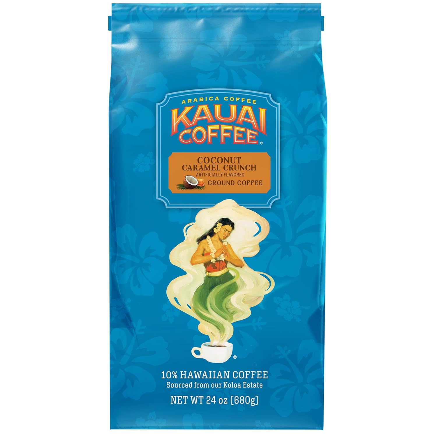 Kauai Coffee Ground Coffee – Smooth, Rich, Medium Roast – Nutty Caramel and Tropical Coconut – Arabica Coffee, 10% Hawaiian with No Bitterness – Coconut Caramel Crunch, 1 Pack of 24oz